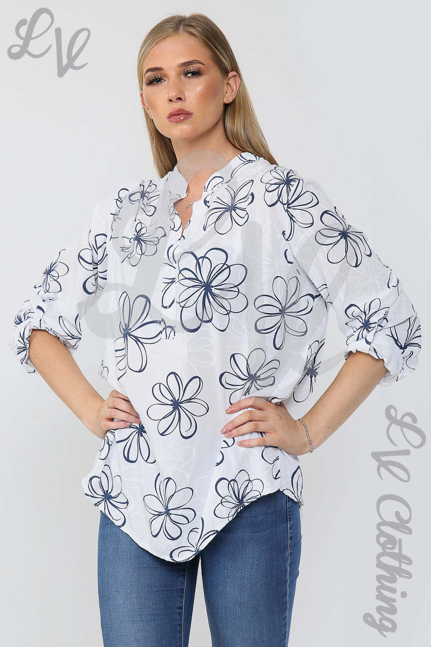 Ladies Floral Outline Print Grandad Style Blouse Shirt White - Unit Price £12.99