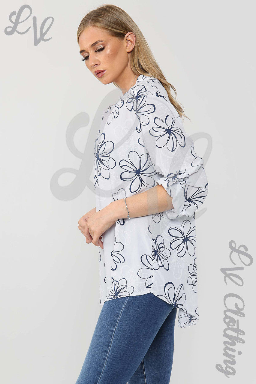 Ladies Floral Outline Print Grandad Style Blouse Shirt White - Unit Price £12.99