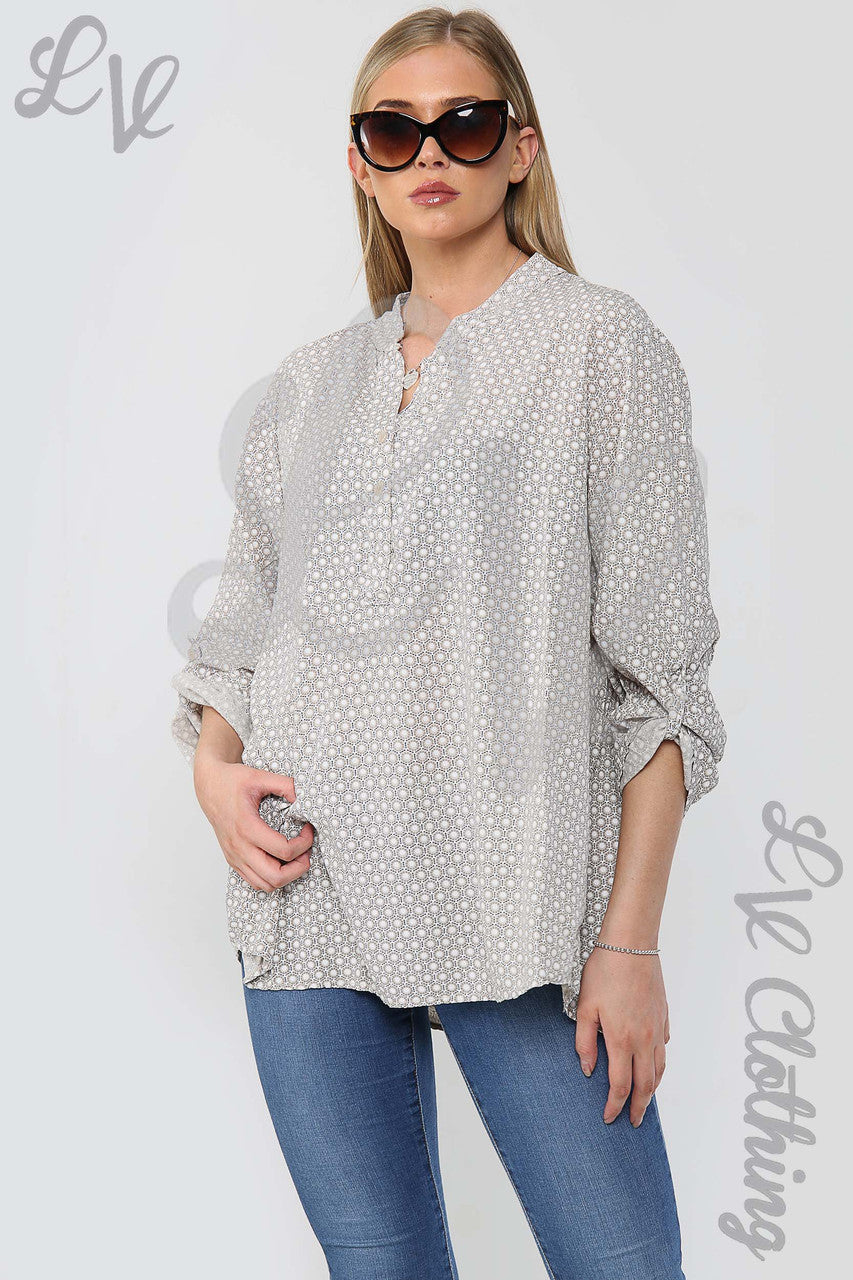 Dames Blouse Overhemd Met Zeskanige Print in Grandad-Stijl Steen - Prijs per eenheid £12,99