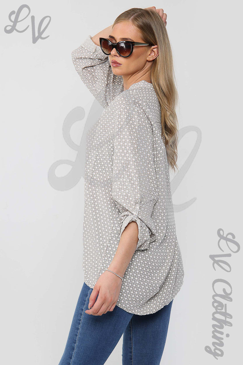 Dames Blouse Overhemd Met Zeskanige Print in Grandad-Stijl Steen - Prijs per eenheid £12,99
