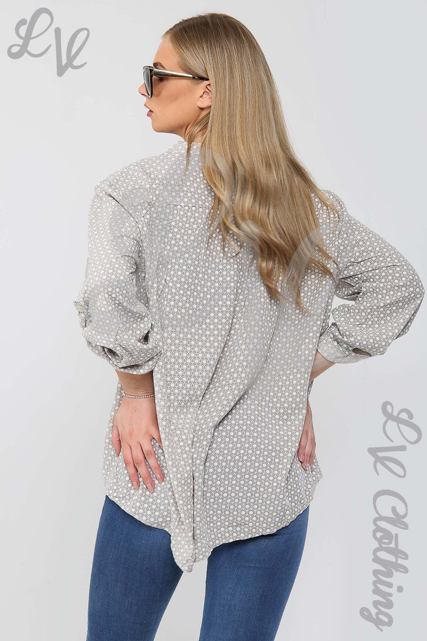 Dames Blouse Overhemd Met Zeskanige Print in Grandad-Stijl Steen - Prijs per eenheid £12,99
