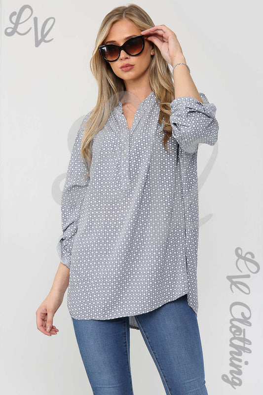 Women's silver grandad-style blouse with small white hexagon print, long sleeves