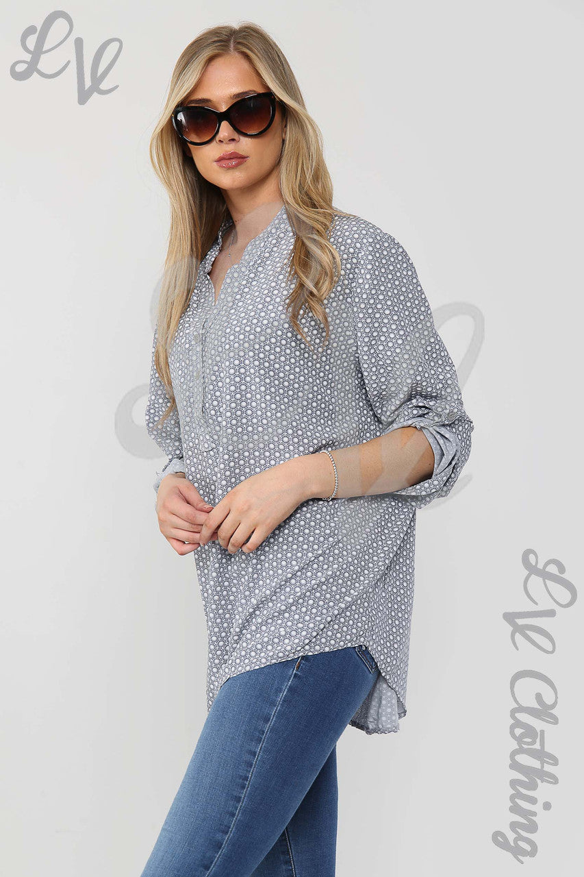 Ladies Small Hexagon Print Grandad Style Blouse Shirt Silver- Unit Price £12.99