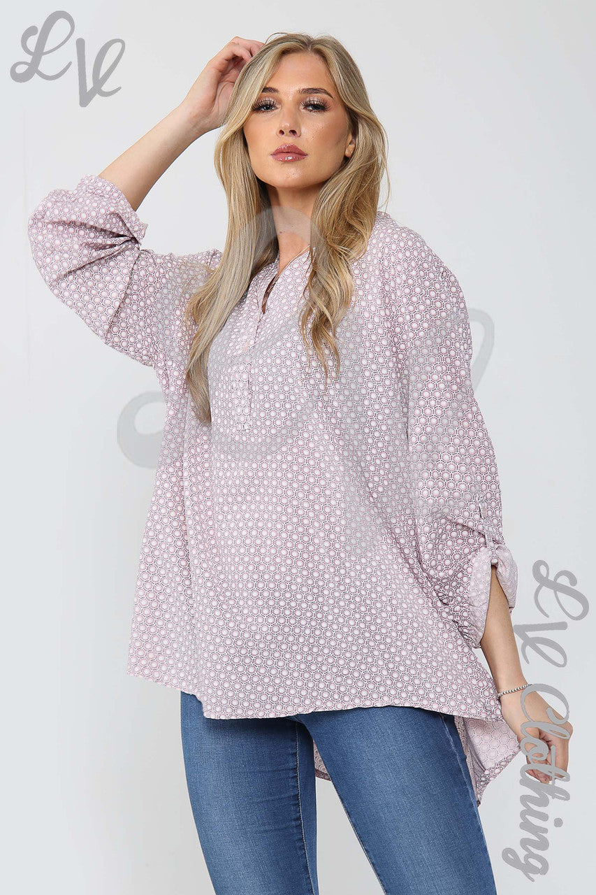 Ladies Small Hexagon Print Grandad Style Blouse Shirt Dusty Pink - Unit Price £12.99