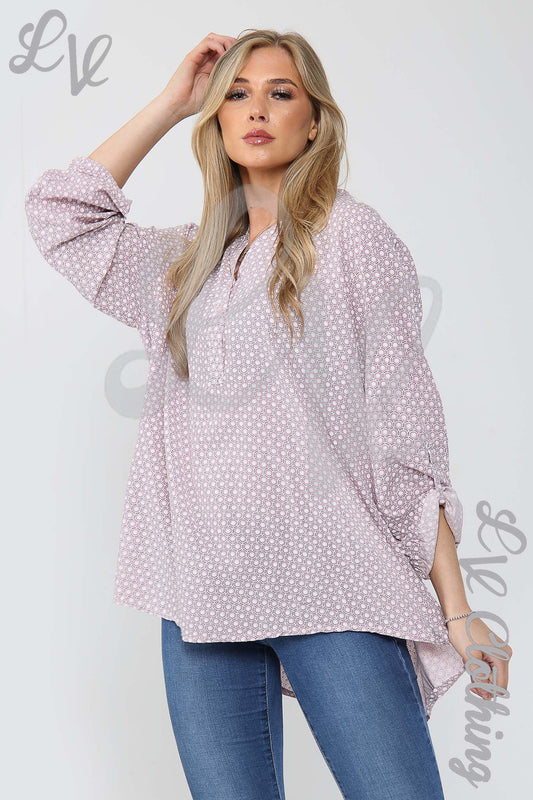 Dusty pink hexagon-print grandad blouse with long sleeves and open collar