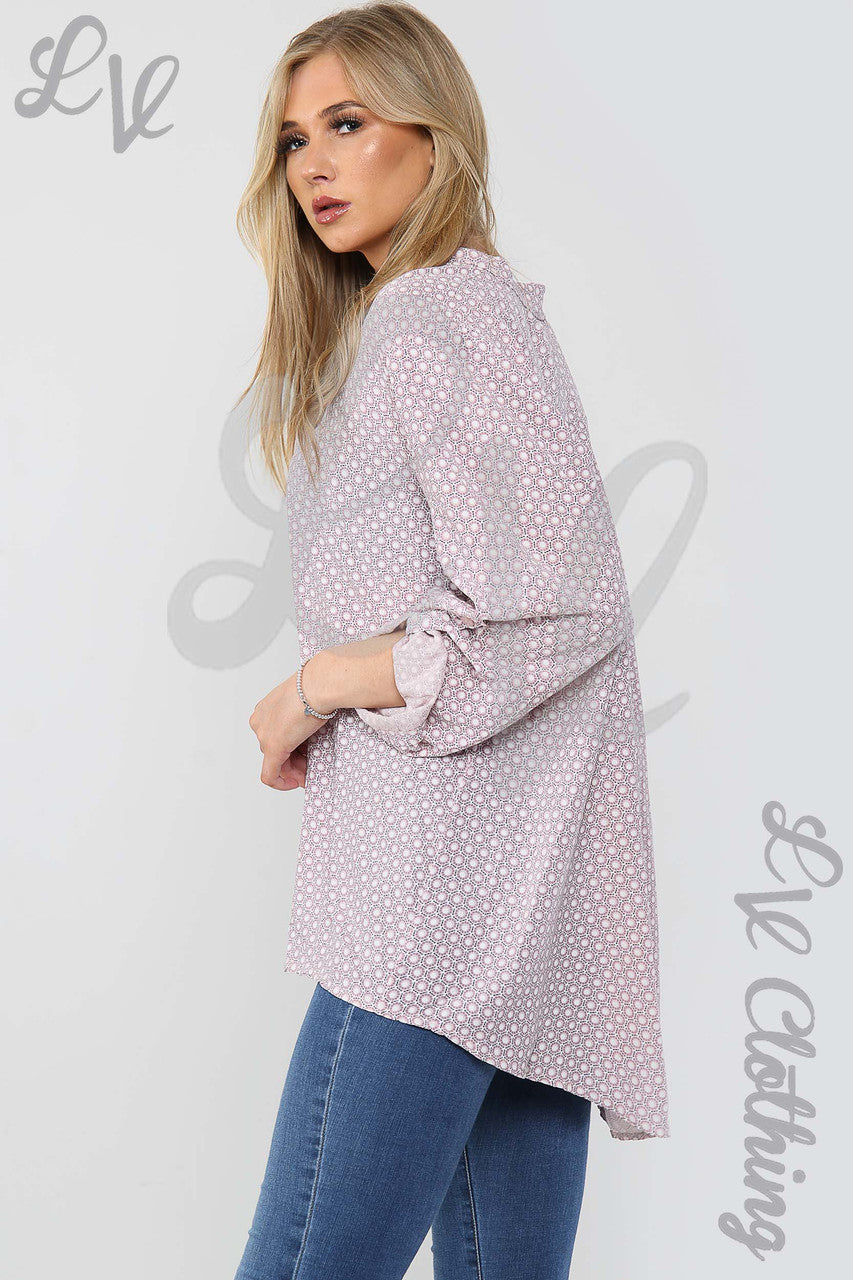 Ladies Small Hexagon Print Grandad Style Blouse Shirt Dusty Pink - Unit Price £12.99