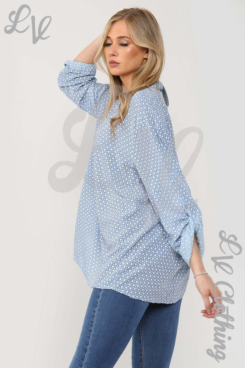 Ladies Small Hexagon Print Grandad Style Blouse Shirt Light Blue - Unit Price £12.99