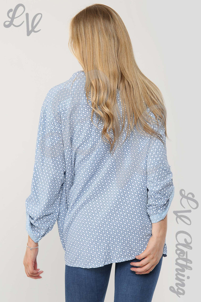 Ladies Small Hexagon Print Grandad Style Blouse Shirt Light Blue - Unit Price £12.99