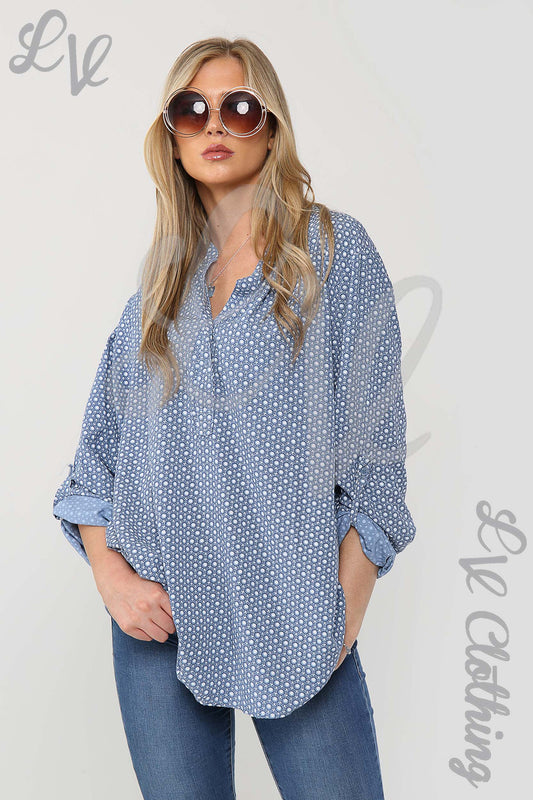 Blue small hexagon print grandad style blouse with partial button placket