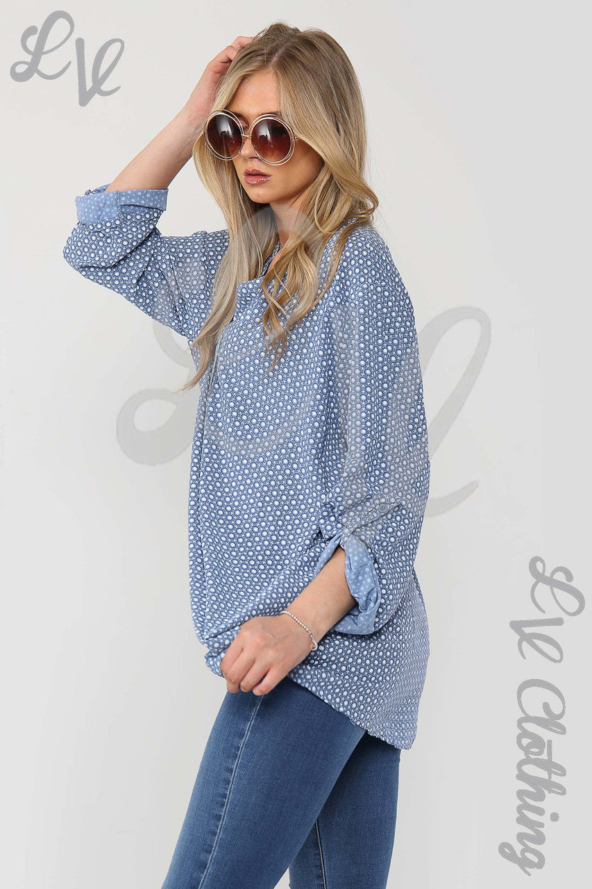 Ladies Small Hexagon Print Grandad Style Blouse Shirt Denim - Unit Price £12.99