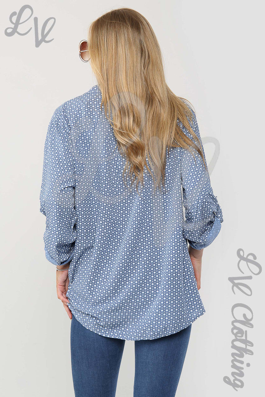Ladies Small Hexagon Print Grandad Style Blouse Shirt Denim - Unit Price £12.99