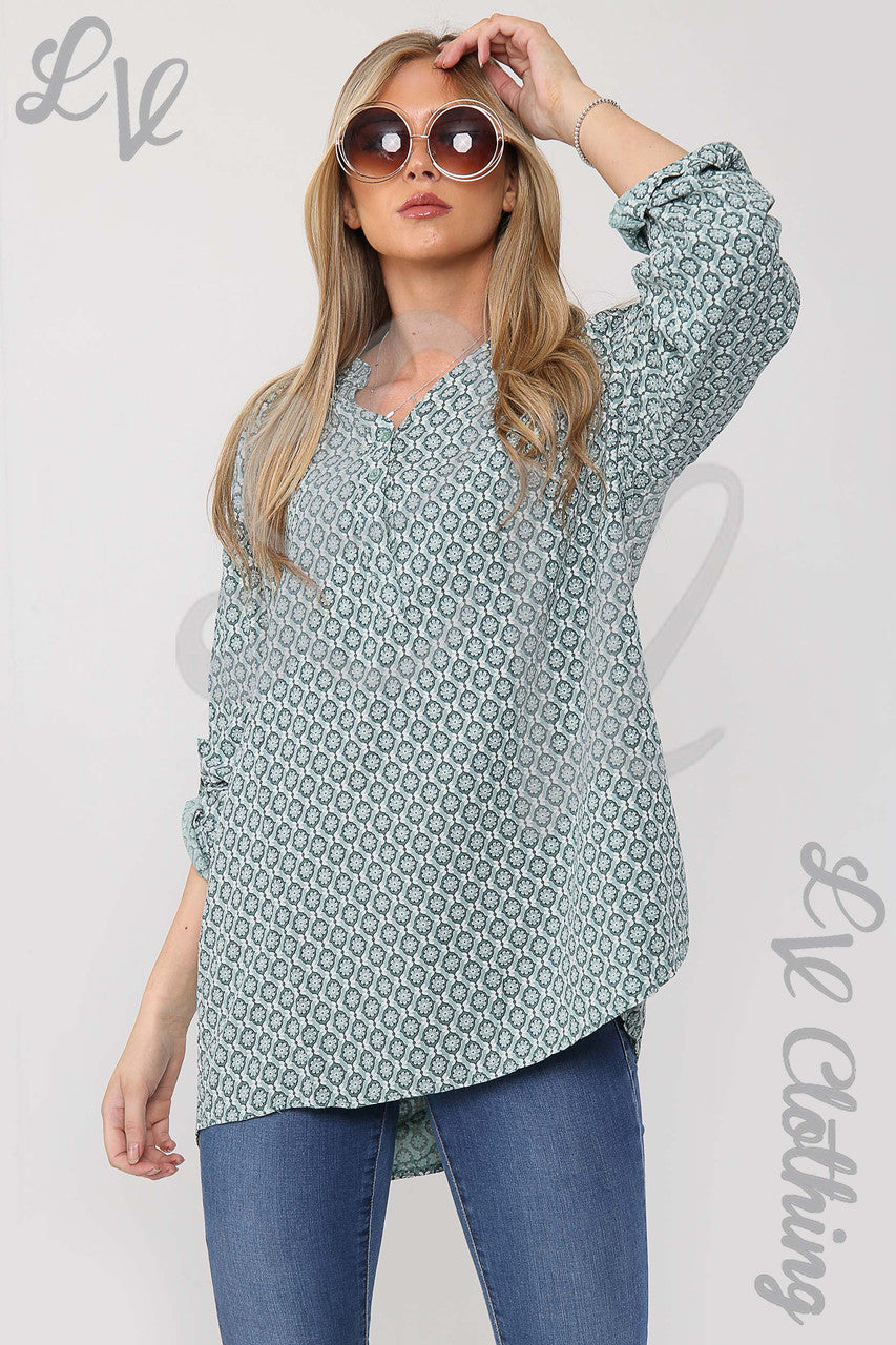 Ladies Floral Geometric Print Grandad Style Blouse Shirt Tiffany - Unit Price £12.99