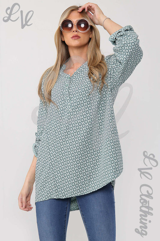 Ladies tiffany blue grandad-collar blouse with small hexagon print, long sleeves