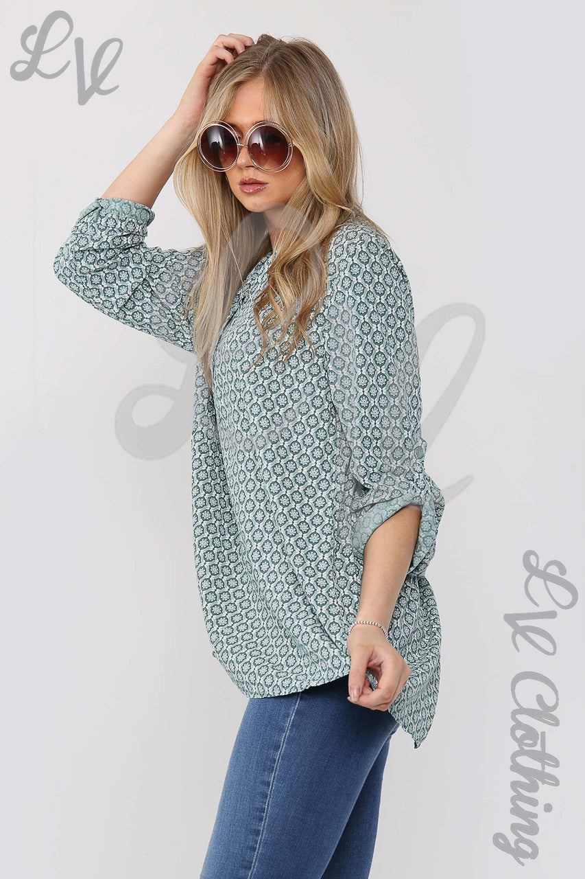 Ladies Small Hexagon Print Grandad Style Blouse Shirt Tiffany - Unit Price £12.99