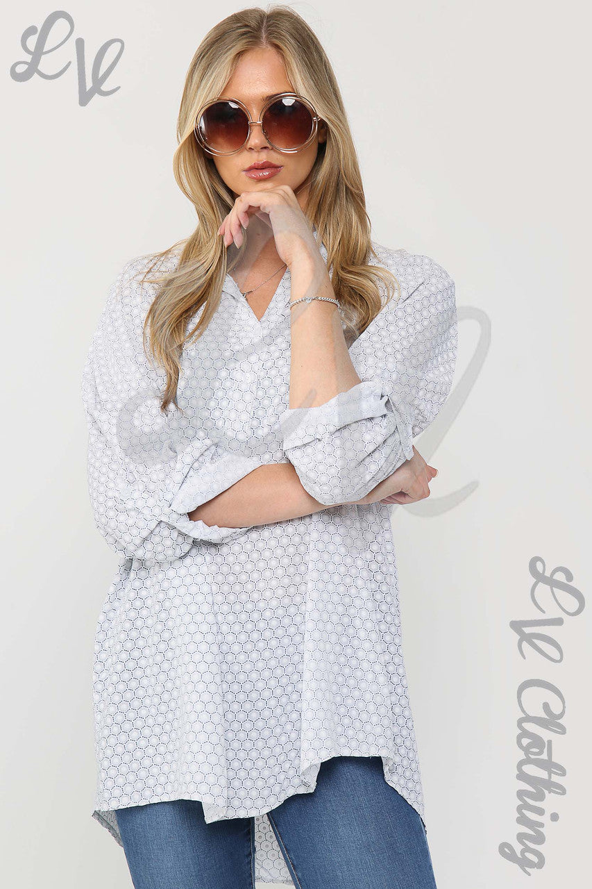 Ladies Small Hexagon Print Grandad Style Blouse Shirt White - Unit Price £12.99