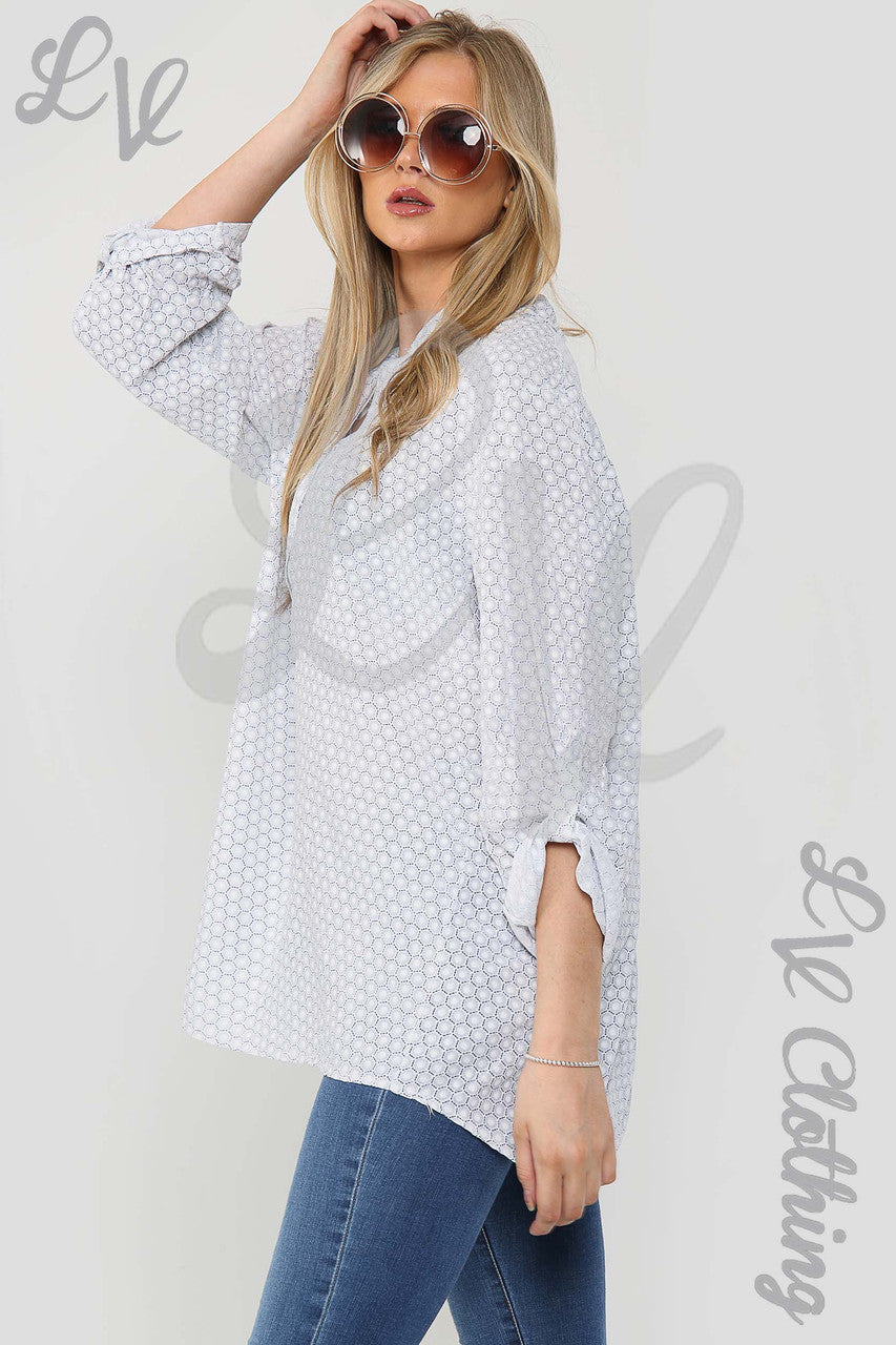 Ladies Small Hexagon Print Grandad Style Blouse Shirt White - Unit Price £12.99