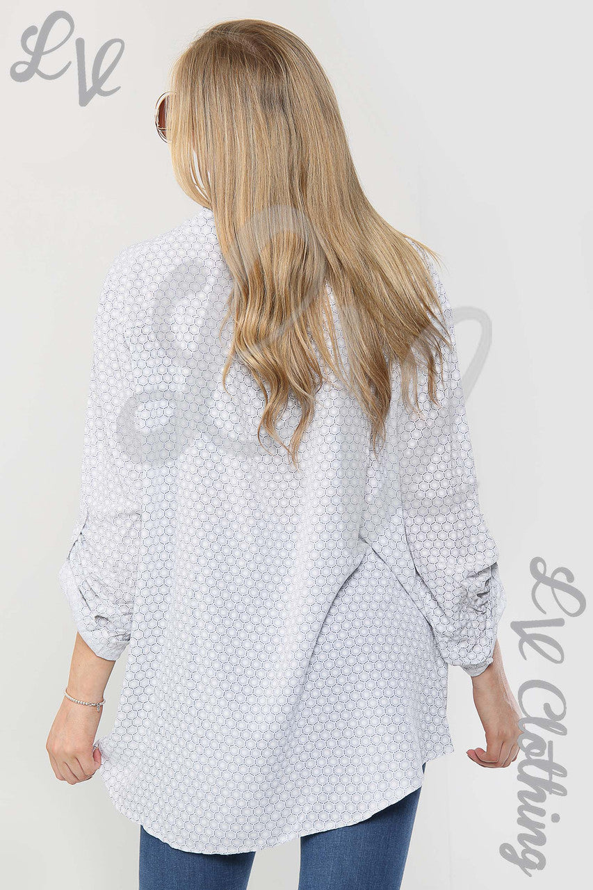 Ladies Small Hexagon Print Grandad Style Blouse Shirt White - Unit Price £12.99