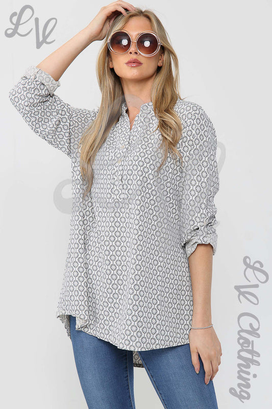 Stone geometric print grandad-collar blouse with long sleeves and button placket