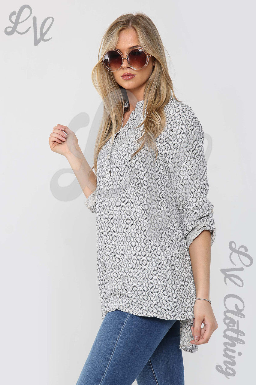 Ladies Floral Geometric Print Grandad Style Blouse Shirt Stone - Unit Price £12.99