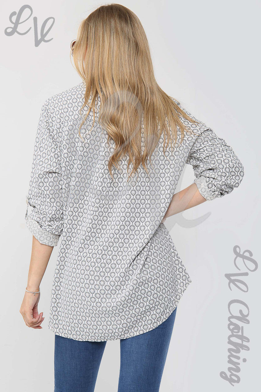 Ladies Floral Geometric Print Grandad Style Blouse Shirt Stone - Unit Price £12.99