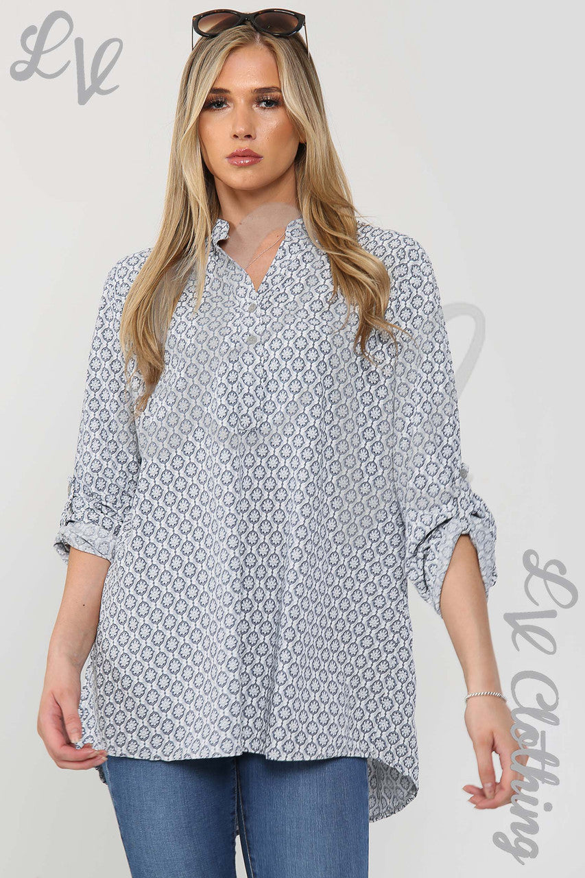 Ladies Floral Geometric Print Grandad Style Blouse Shirt Silver - Unit Price £12.99