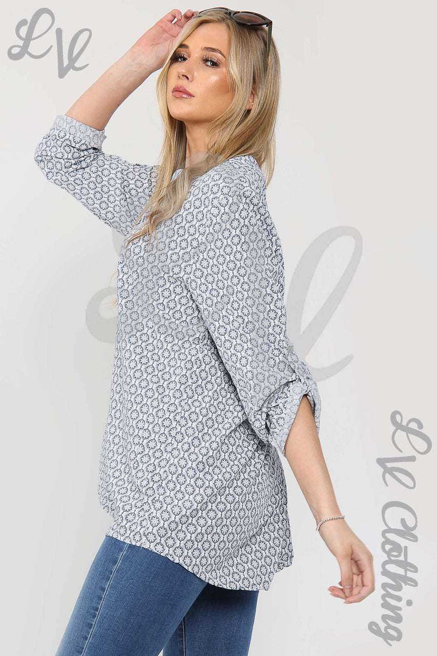 Ladies Floral Geometric Print Grandad Style Blouse Shirt Silver - Unit Price £12.99