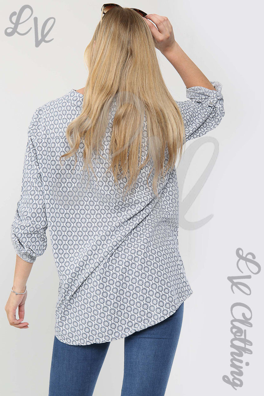 Ladies Floral Geometric Print Grandad Style Blouse Shirt Silver - Unit Price £12.99