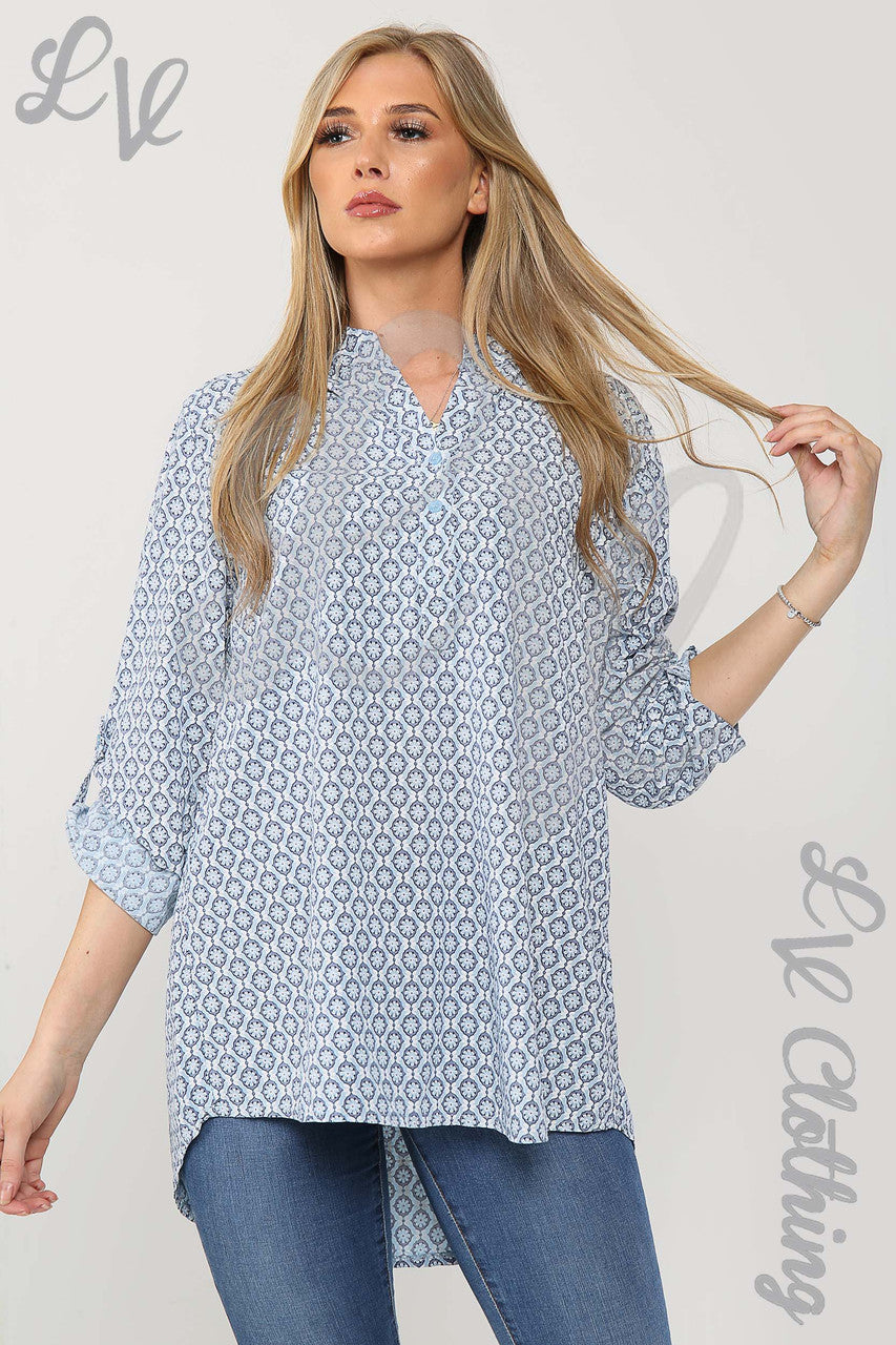 Ladies Floral Geometric Print Grandad Style Blouse Shirt Light Blue - Unit Price £12.99