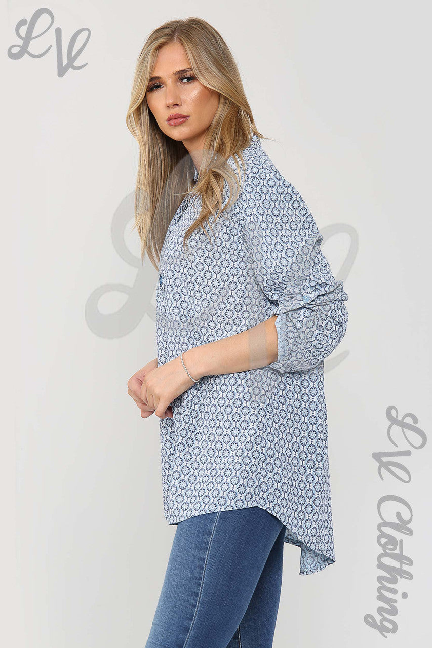 Ladies Floral Geometric Print Grandad Style Blouse Shirt Light Blue - Unit Price £12.99