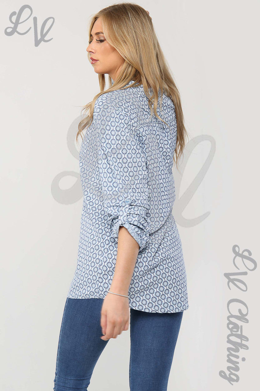 Ladies Floral Geometric Print Grandad Style Blouse Shirt Light Blue - Unit Price £12.99
