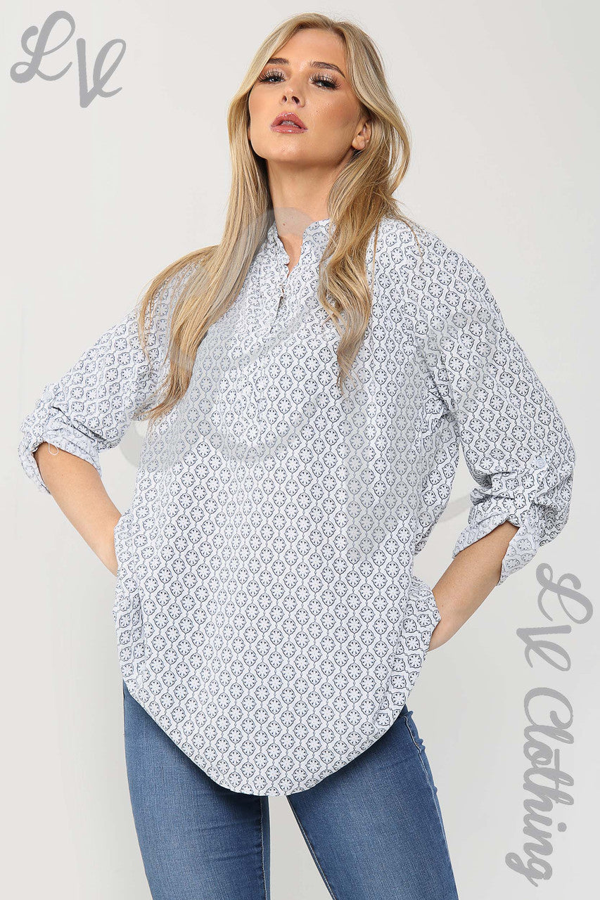 Ladies Floral Geometric Print Grandad Style Blouse Shirt White - Unit Price £12.99