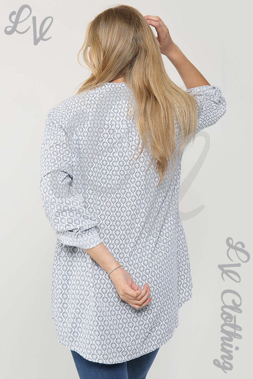 Ladies Floral Geometric Print Grandad Style Blouse Shirt White - Unit Price £12.99