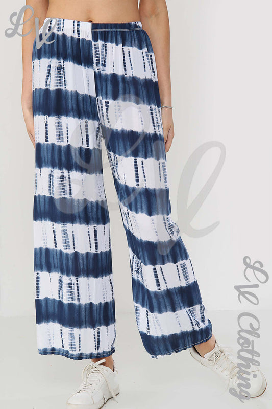 Tie-dye culottes trousers with elastic waistband, wide leg, blue and white stripes