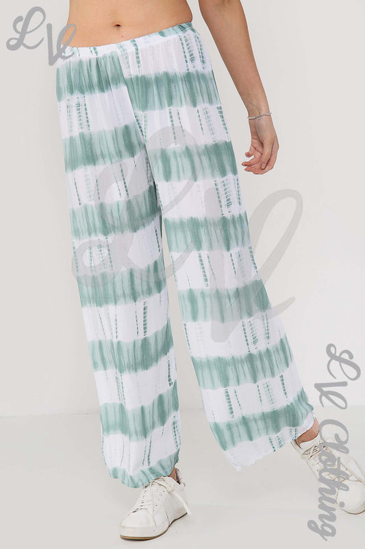 Ladies tie-dye culottes trousers, mint and white striped with elastic waistband