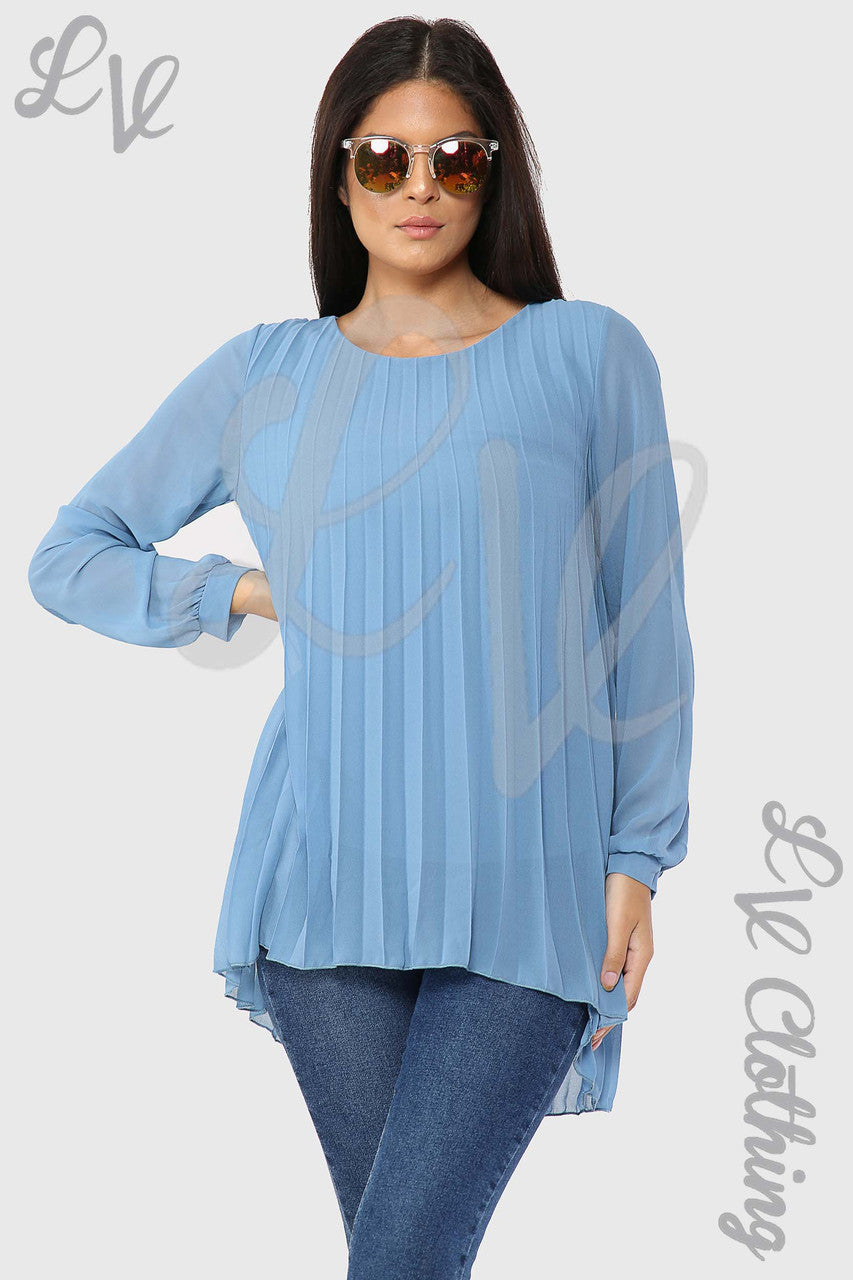Dames Oversized Plissé Hi Lo Blouse Top Denim - Eenheidsprijs €8,99