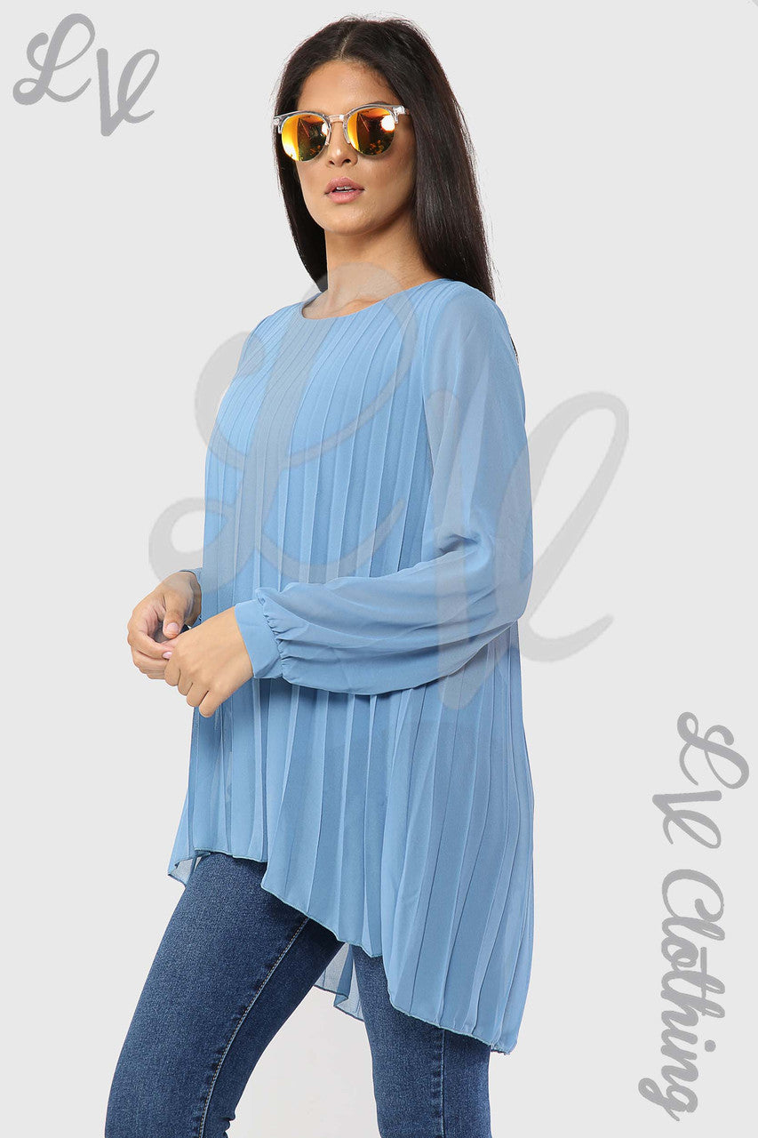 Dames Oversized Plissé Hi Lo Blouse Top Denim - Eenheidsprijs €8,99