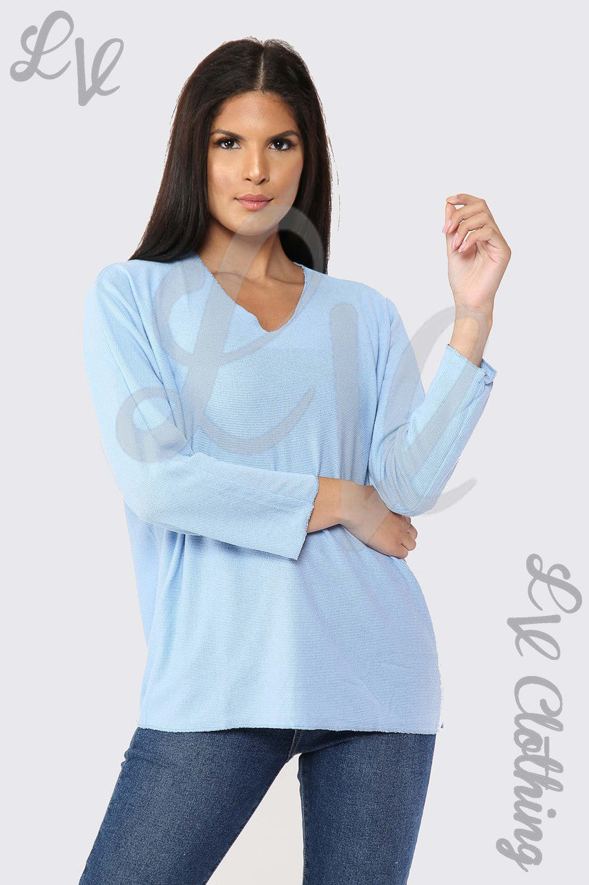 Ladies V-Neck Fine Knit Top Light Blue - Unit Price £12.99