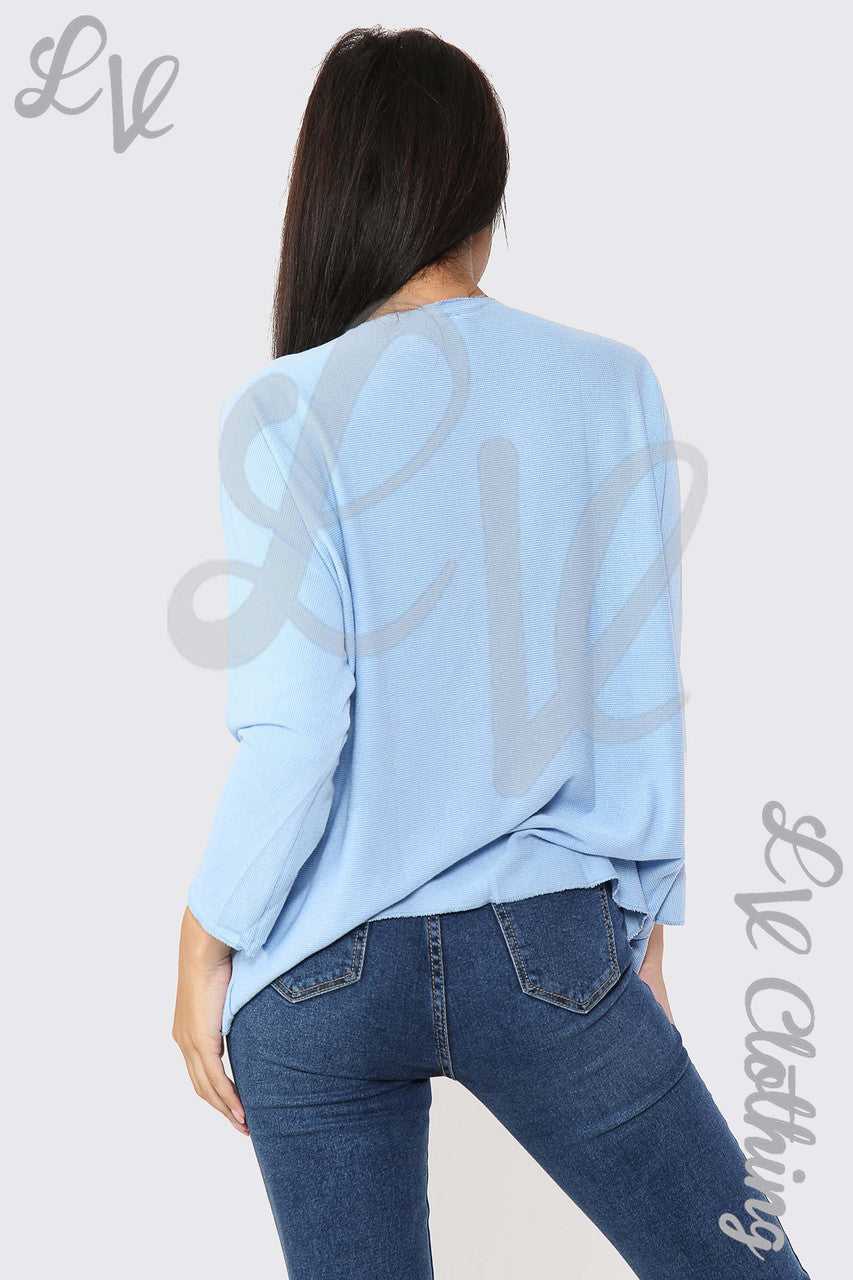 Ladies V-Neck Fine Knit Top Light Blue - Unit Price £12.99