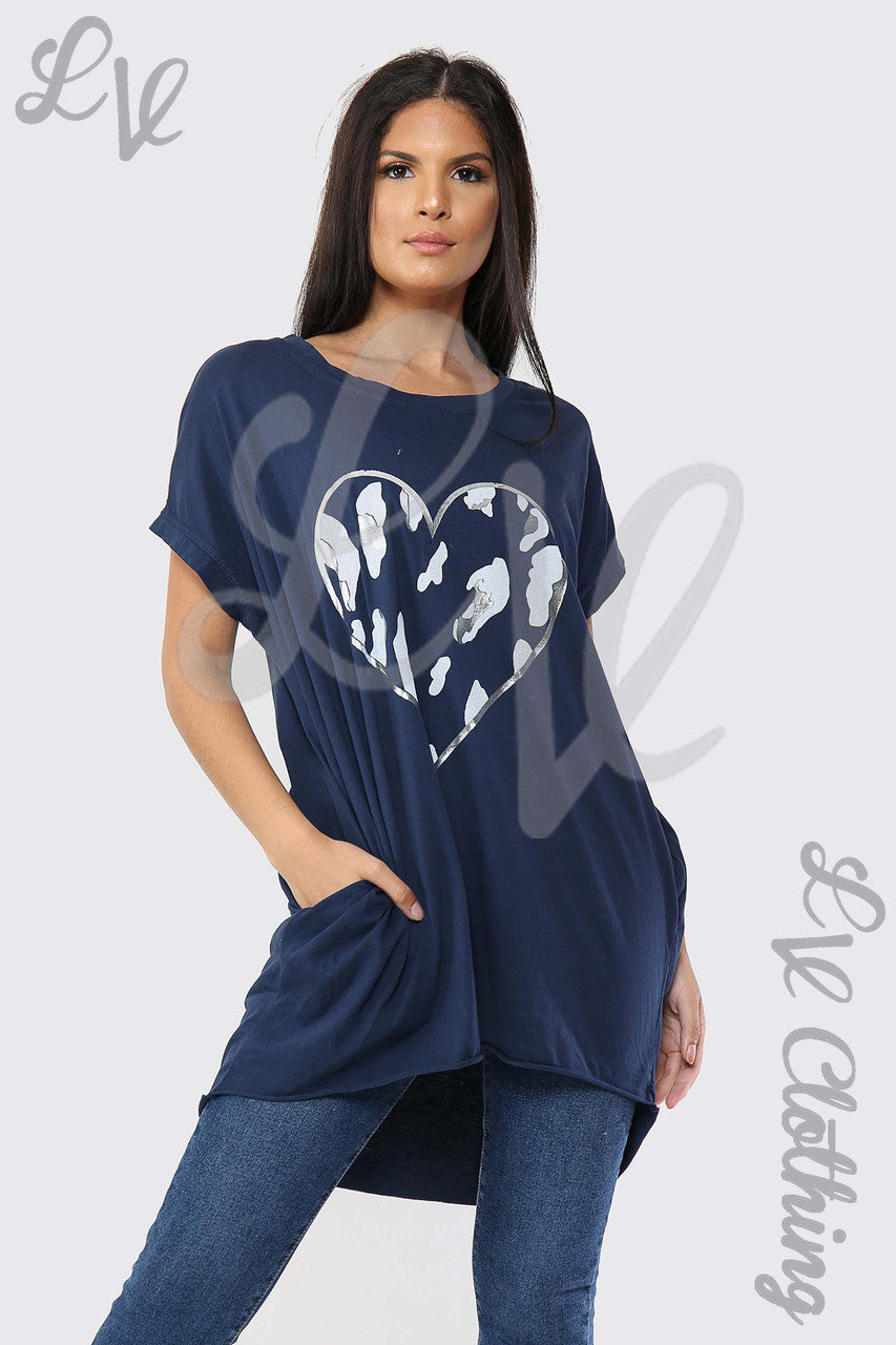 Ladies Foil Heart Graphic Tunic Top Navy - Unit Price £10.99