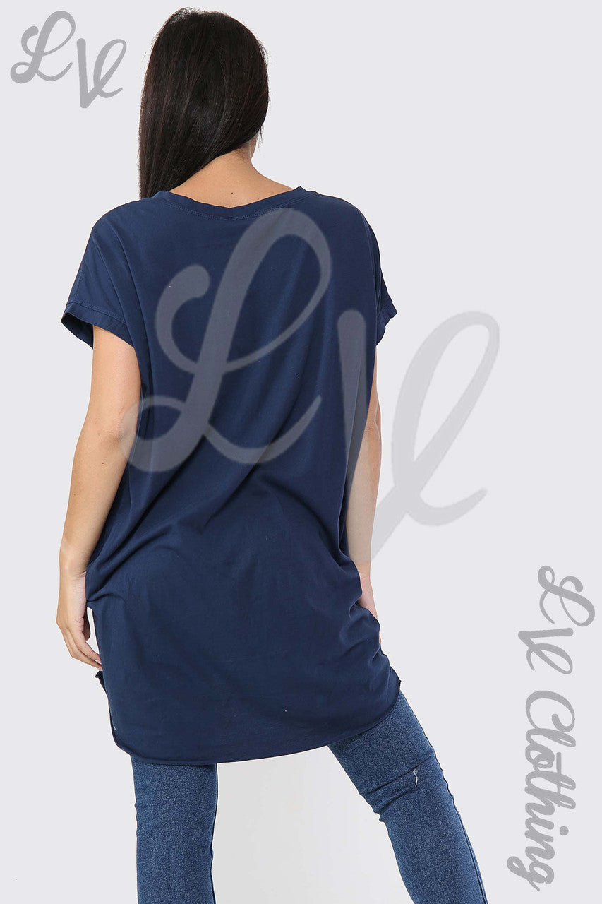 Ladies Foil Heart Graphic Tunic Top Navy - Unit Price £10.99