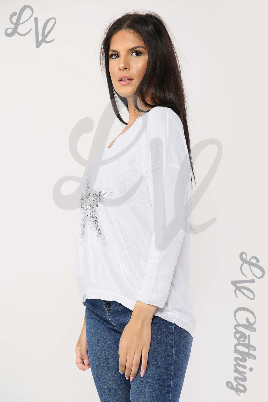 Ladies Glitter Star Detail Top White - Unit Price £11.99