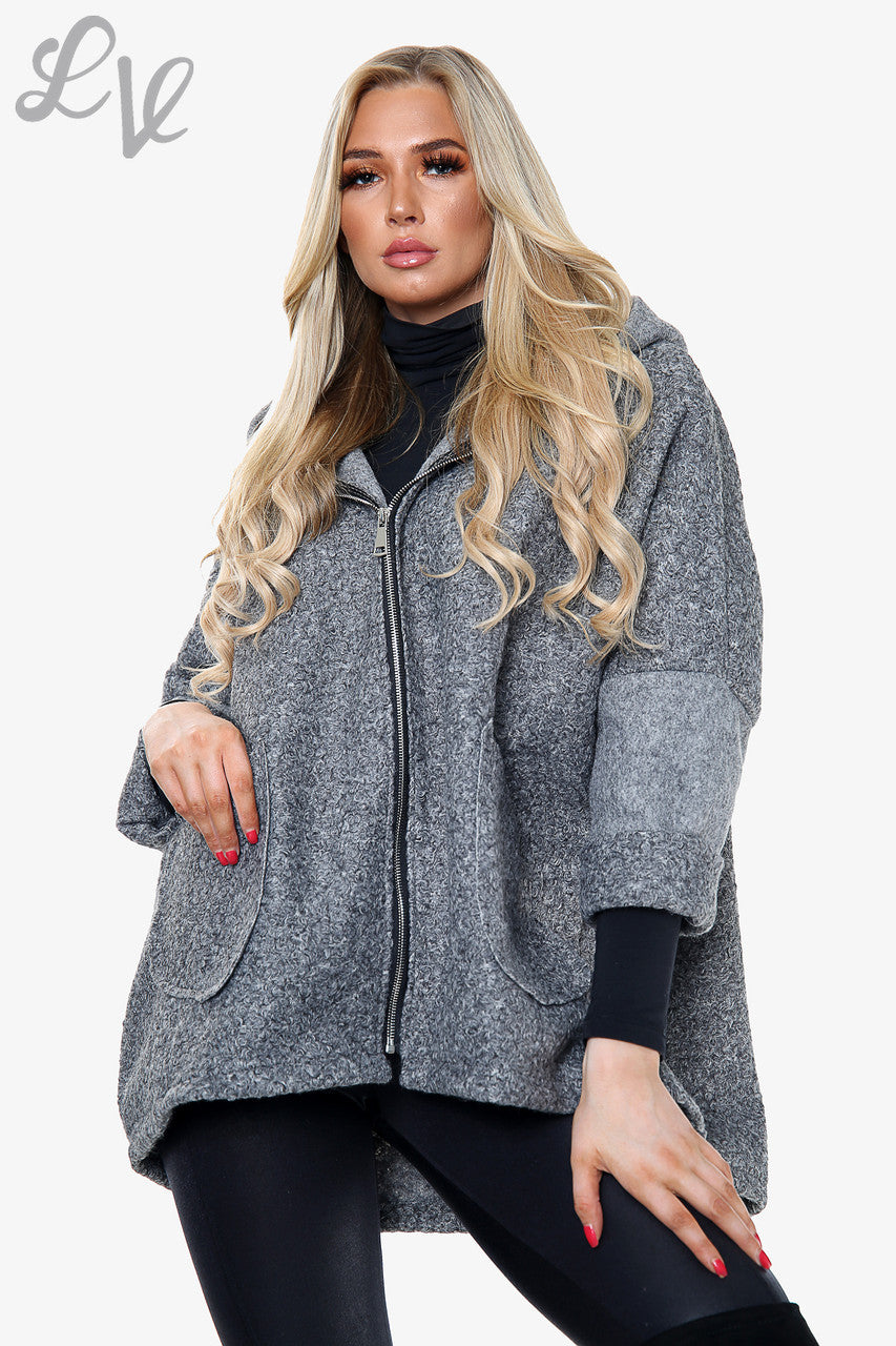 Ladies Teddy Bear Wool Blend Hooded Jacket Coat Charcoal - Unit Price £16.99
