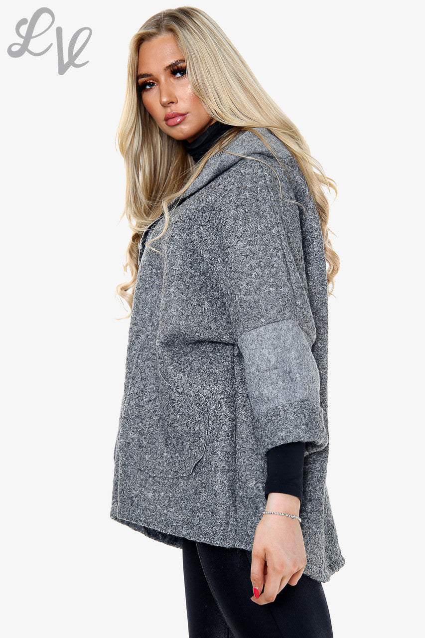 Ladies Teddy Bear Wool Blend Hooded Jacket Coat Charcoal - Unit Price £16.99