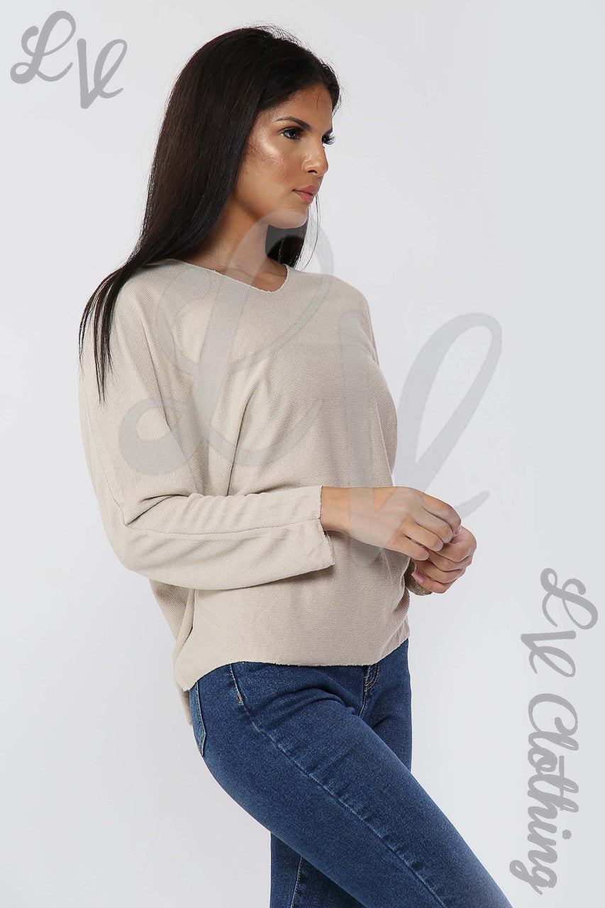 Ladies V-Neck Fine Knit Top Stone - Unit Price £12.99