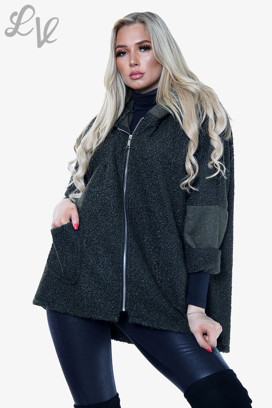 Dames Teddybeer Wolmix Jas met capuchon Kaki - Prijs per eenheid €16,99