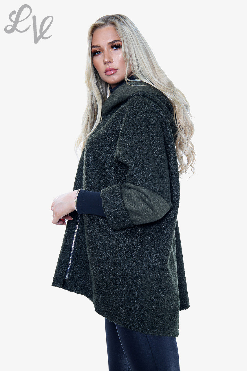 Ladies Teddy Bear Wool Blend Hooded Jacket Coat Khaki - Unit Price £16.99
