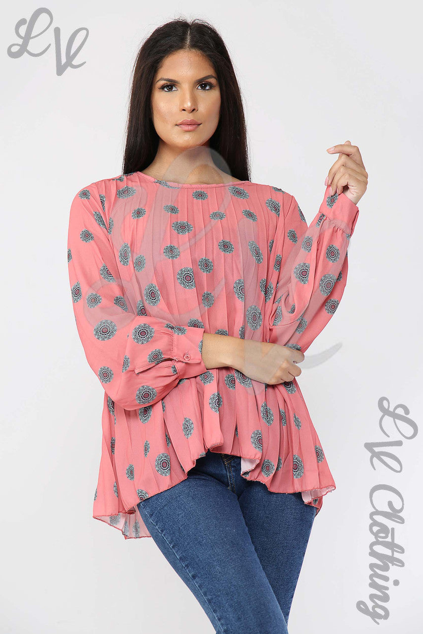 Ladies Circle Tribal Print Pleated Blouse Salmon - Unit Price £10.99