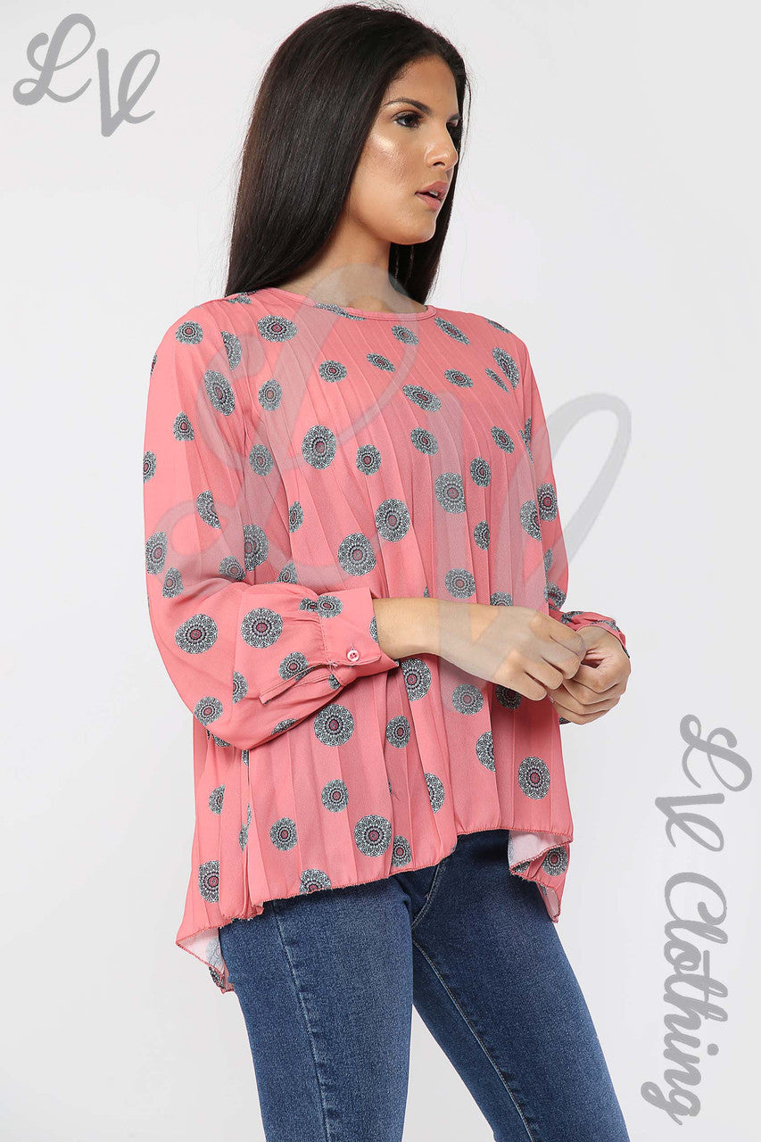 Ladies Circle Tribal Print Pleated Blouse Salmon - Unit Price £10.99