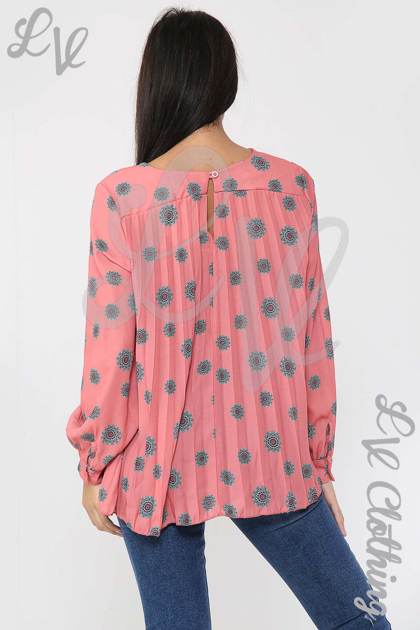 Ladies Circle Tribal Print Pleated Blouse Salmon - Unit Price £10.99