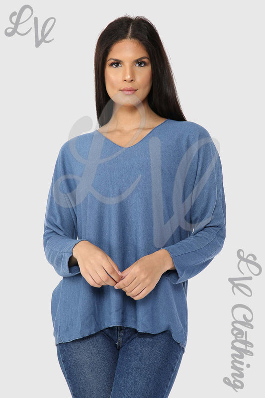Womens V-neck fine knit top, denim-blue, long sleeves, relaxed fit